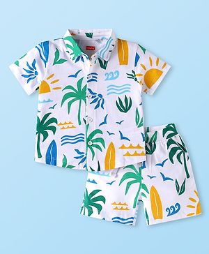 Babyhug Single Jersey Knit Half Sleeves Shirt & Shorts Set with Beach Print - White