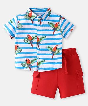 Babyhug Single Jersey Knit Half Sleeves Shirt & Shorts Set with Stripes & Bird Print - Blue & Red