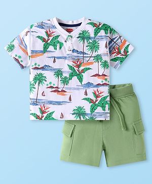 Babyhug Single Jersey Knit Half Sleeves Henley Neck T-Shirt & Shorts Set with Beach Theme Print - Olive Green & White