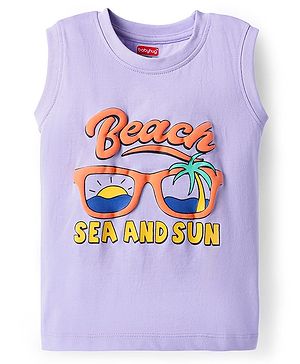 Babyhug Cotton Knit Sleeveless Tank T-Shirt With Beach Sea & Sand Text Print - Purple