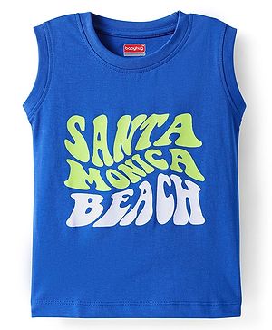 Babyhug Cotton Knit Sleeveless Tank T-Shirt With Santa Monica Text Print - Blue