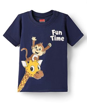Babyhug Cotton Knit Half Sleeves T-Shirt With Animal Print - Navy Blue