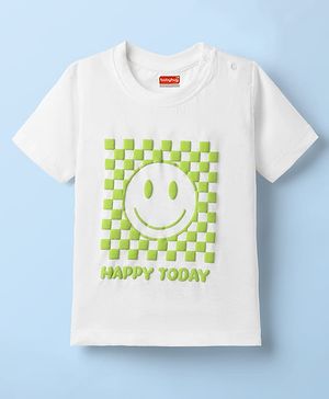 Babyhug Cotton Knit Half Sleeves T-Shirt with Smiley Puff Print - Light Green & White