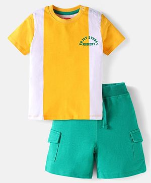 Babyhug Single Jersey Knit Half Sleeves T-Shirt & Shorts Set with Color Block & Text Print - White Yellow & Green