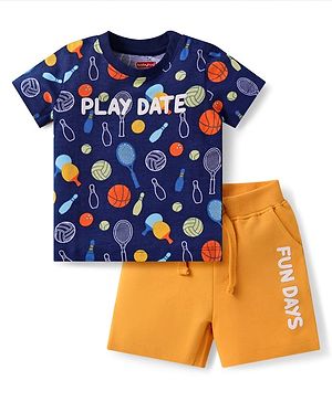 Babyhug Single Jersey Knit Half Sleeves T-Shirt & Shorts Set with Sports Theme Print - Navy Blue & Mustard