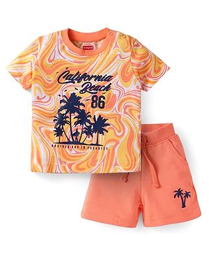 Babyhug Single Jersey Knit Half Sleeves T-Shirt & Shorts Set with Beach Theme Text Print - Peach