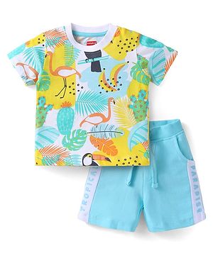 Babyhug Single Jersey Knit Half Sleeves T-Shirt & Shorts Set with Tropical Theme Print - Yellow & Light Blue