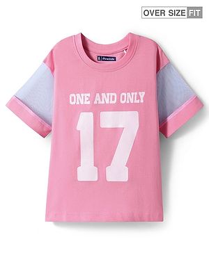 Pine Kids Cotton Knit Half Sleeves Oversized T-Shirt with Text Print - Pink