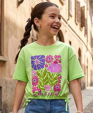 Pine Kids Cotton Knit Half Sleeves T-Shirt With Floral Print & Knot Detailing - Green