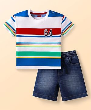 Babyhug Single Jersey Knit Half Sleeves T-Shirt & Denim Shorts Set with Stripes & Sport  Theme Print - White & Blue