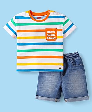 Babyhug Single Jersey Knit Half Sleeves Striped T-Shirt & Denim Shorts Set with Text Print - Blue & White