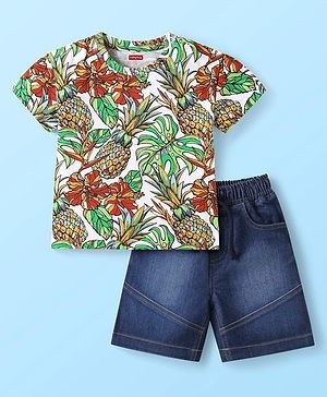 Babyhug Single Jersey Knit Half Sleeves T-Shirt & Denim Shorts Set with Pineapple Print - Multicolor