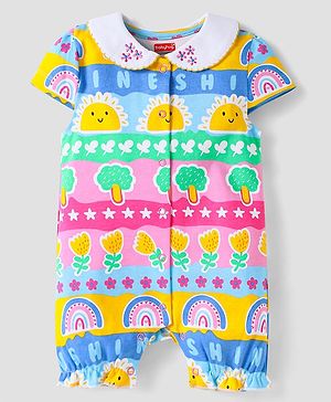 Babyhug 100% Cotton Knit Half Sleeves Peter Pan Romper with Tropical Print - Pink & Light Green