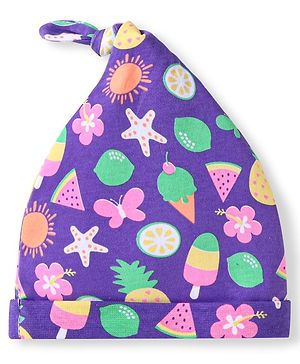 Babyhug 100% Cotton Knit Cap With Ice Cream & Fruit Print  Purple - Diameter 10cm