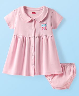 Babyhug Cotton Knit Half Sleeves Front Open Peter Pan Collared Frock with Bloomer & Text Print - Pink