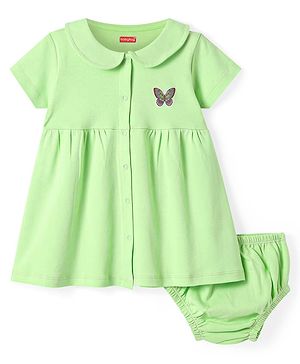 Babyhug Cotton Knit Half Sleeves Front Open Peter Pan Collared Frock with Bloomer & Butterfly Print - Light Green