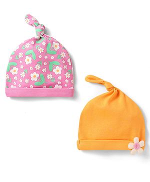Babyhug 100% Cotton Knit Caps With Floral Print & Applique Pack of 2 Pink & Orange - Diameter 14
