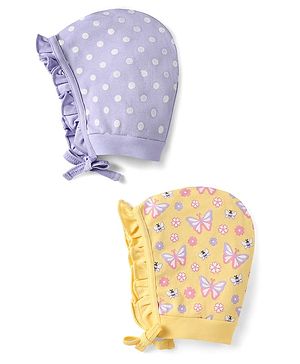 Babyhug 100% Cotton Polka Dots & Floral Printed Caps with Knot Pack of 2 Yellow & Lavender - Diameter 10 cm