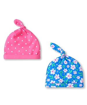 Babyhug Interlock Knit Caps with Floral & Polka Dots Print Pack of 2 - Pink & Blue