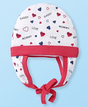 Babyhug 100% Cotton Knit Cap With Heart Print - White & Red