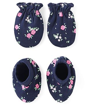 Babyhug 100% Cotton Knit Mittens & Booties with Floral Print - Navy Blue