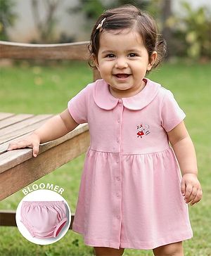Babyhug Cotton Knit Half Sleeves Front Open Peter Pan Collared Frock with Bloomer & Bunny Print -Lavender