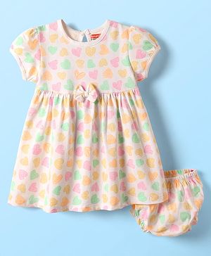 Babyhug 100% Cotton Single Jersey Knit Half Sleeves Hearts Printed Frock with Bloomer & Bow Applique - Ivory