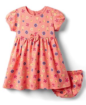 Babyhug Single Jersey Knit Half Sleeves Floral Printed Frock with Bloomer & Bow Applique - Orange