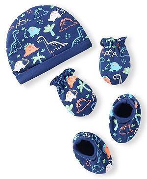 Babyhug 100% Cotton Knit Cap Mittens & Booties With Dino Print - Navy Blue