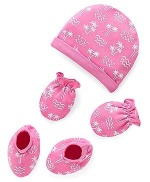 Babyhug 100% Cotton Cap Mittens And Booties Beach Theme Printed Pink - Diameter 15