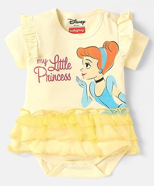 Babyhug Disney Interlock Knit Half Sleeves Onesie With Frill Detailing & Cinderella Graphics - Off White