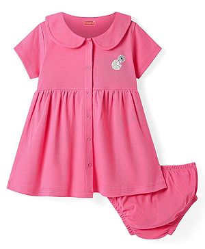 Babyhug Cotton Knit Half Sleeves Front Open Peter Pan Collared Frock with Bloomer & Animal Print - Pink