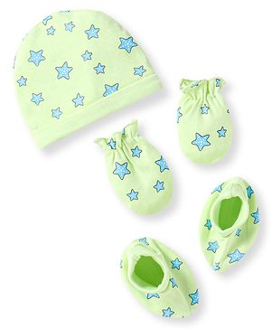 Babyhug 100% Cotton Knit Cap Mittens & Booties With Star Print Light Green - Diameter 10cm