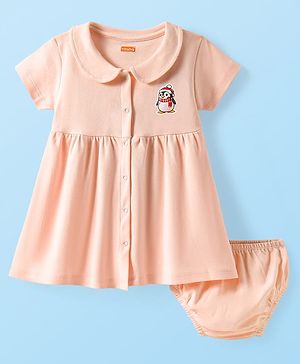 Babyhug Cotton Woven Half Sleeves Front Open Frock With Penguin Print & Bloomer - Peach