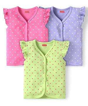 Babyhug 100% Cotton Interlock Knit Frill Sleeves Front Open Vests with Polka Dots Print Pack of 3 - Pink Lilac & Light Green