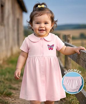 Babyhug Cotton Knit Half Sleeves Frock with Bloomer & Butterfly Graphic - Pink