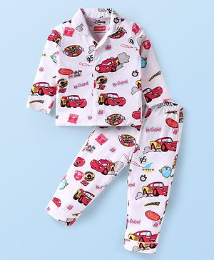 Babyhug Disney Single Jersey Knit Full Sleeves Night Suit With Cars Graphics - White