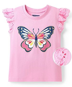 Pine Kids Cotton Knit Frill Sleeves T-Shirt With Butterfly Print- Pink