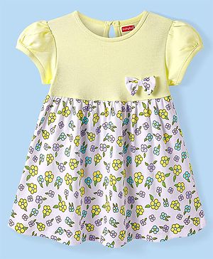 Babyhig Single Jersey Knit Half Sleeves Frock WIth Floral Print & Bow Applique - Yellow