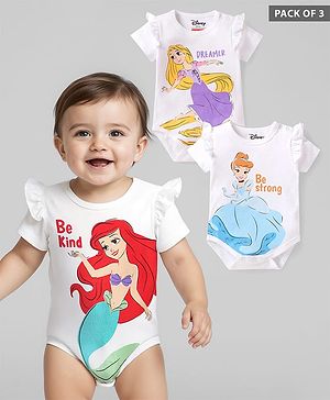 Babyhug Disney Interlock Knit Half Sleeves Onesies with Frill Detailing & Disney Princess Graphics Pack of 3 - White