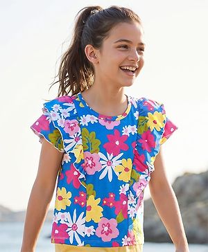 Pine Kids Cotton Knit Half Sleeves T-Shirt With Floral Print & Frill Detailing - Blue