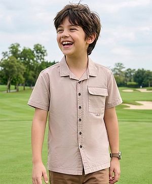 Pine Kids Cotton Knit Half Sleeves Solid Color Shirt - Tan