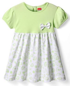 Babyhug Single Jersey Knit Half Sleeves Dress With Fruit Print & Bow Applique - Light Green & White