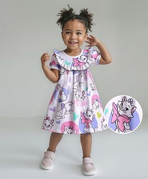 Babyhug Disney Single Jersey Knit Half Puffed Sleeves Marie Printed Dress with Bloomer & Frill Detailing - White