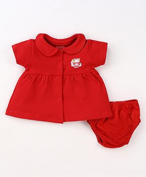 Babyhug Cotton Woven Half Sleeves Peter Pan Collared Solid Color Frock with Bloomer - Red