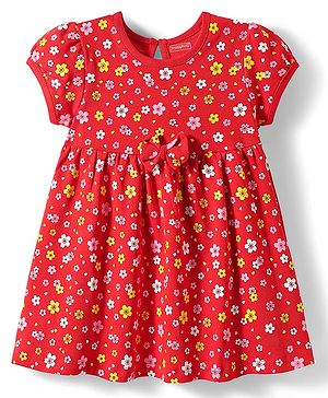 Babyhug Single Jersey Knit Half Sleeves Frock with Floral Print & With Bow Applique - Red