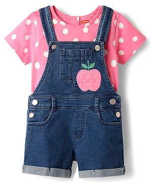 Babyhug Single Jersey Knit Dungaree & Half Sleeves T-Shirt With Polka Dot Print & Apple Patch - Blue