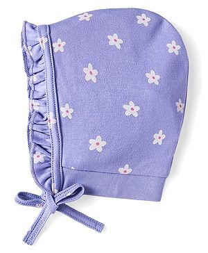 Babyhug 100% Cotton Cap with Floral Print & Frill Detailing Purple - Diameter 14.5cm