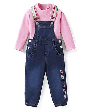 Babyhug Single Jersey Knit Full Sleeves Solid Color T-Shirt & Dungaree with Text Embroidery - Pink & Blue