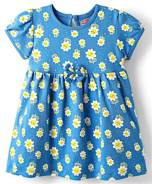 Babyhug Single Jersey Knit Half Sleeves Floral Printed Frock with Bow Applique - Royal Blue
